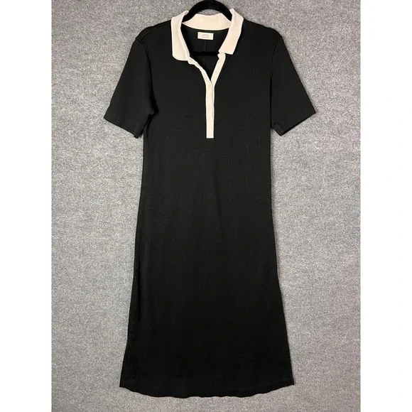 AYR Polo Dress Womens L Black Excellent Pima Cotton Short Sleeve Midi Side Slit - Picture 1 of 9